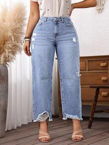 EMERY ROSE Plus Size Women Cowgirl Blue Inelastic Distressed Frayed Hem Loose Fit Cropped Jeans, Rodeo - Blue - View 4