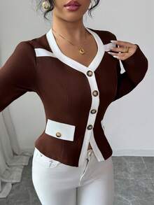 Elenzga Women's Asymmetrical Collar Long Sleeve Blouse,Brown And White Contrast Color Splice Metal Button Pocket Decor Waist Fitted Autumn Elegant Office - Multicolor - View 6