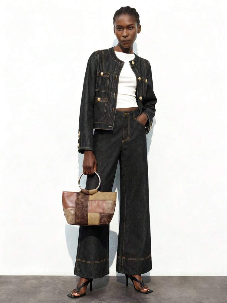 SHEIN Maija Ladies, Women Top Handle Bags, Retro, Vintage, Hardware Handle, PU Splicing, Fashionable, Elegant, Simple, Personalized, Versatile, Classic, For Commute, Office, Date, Daily, Shopping, Afternoon Tea