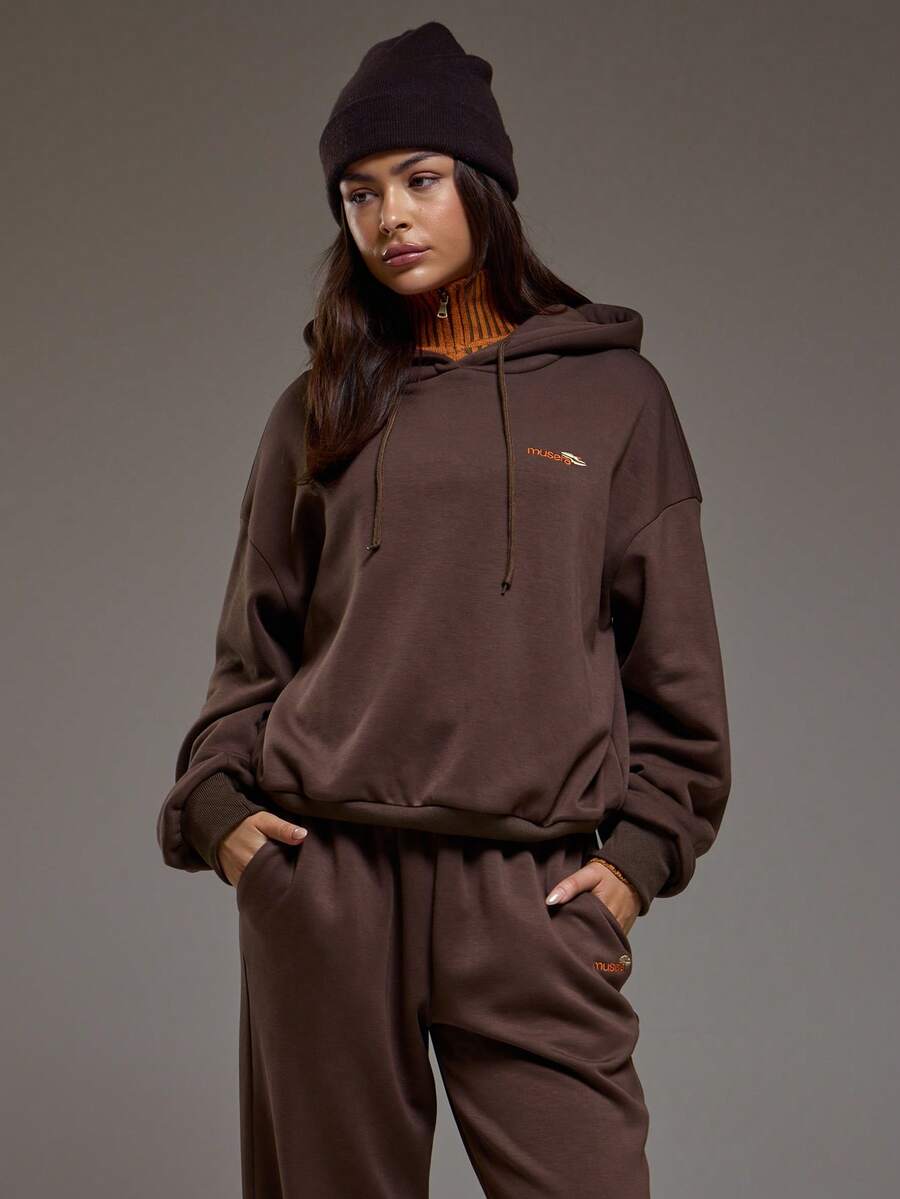 MUSERA Bestickter grafischer Kapuzenpullover Coord Top nur Winter Coolgirl Gemütlich Süß Outdoor Explorer Pullover Frühling Lässig - Schokoladenbraun - Übersicht 1