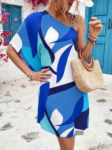 Breezaya 拼色不对称领口休闲连衣裙度假海滩装女士 - 藍色 - 查看 5