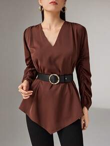Heiryn Women's Solid Color V-Neck Ruffle Long Sleeve Fashion Blouse - Mocha Brown - View 3