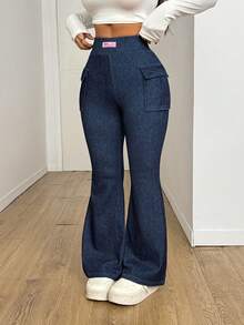 SHEIN PETITE Winter Four Seasion Women's Navy Blue Washed High-Stretch Functional Pocket Design Four-Season Mid-Rise Flared Jeans