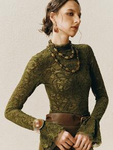 Arave 女士天鹅绒蕾丝撞色网纱双层喇叭袖口修身优雅绿色长袖打底衫，秋季女装