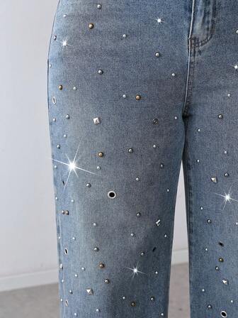 SHEIN BAE Plus Size Women Beaded Decor Pocket Wide Leg Loose Casual Jeans