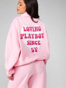 Missguided x Playboy Áo nỉ chui đầu tay dài in hình trái tim cỡ lớn, thoải mái khi mặc ở nhà vào mùa thu đông - Hồng - Xem 1