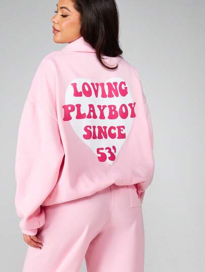 Missguided x Playboy 宽松半拉链套头卫衣，饰有心形图案印花，长袖休闲舒适上衣，适合秋冬季居家穿着。
