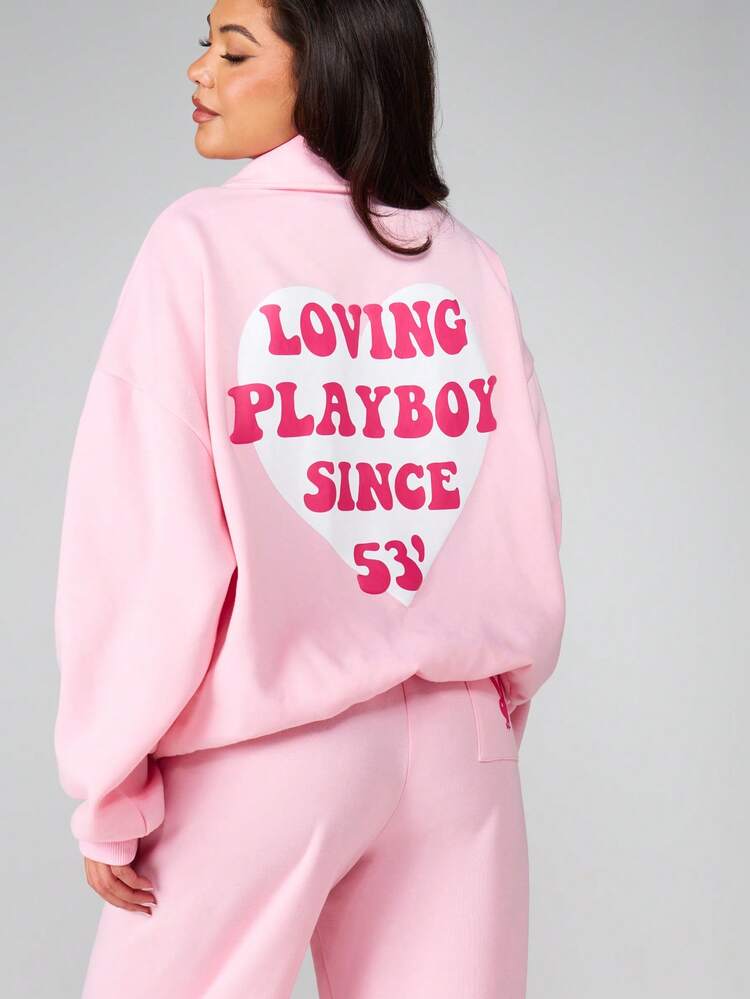 Missguided x Playboy Oversized Half Zip Pullover Sweatshirt With Heart Graphic Print Long Sleeve Casual Comfort Top For Fall Winter Loungewear