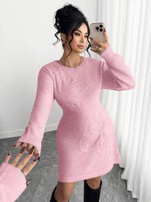 Elenzga فستان كنزة صوفية بطبعة زهرية أنيقة لحجم كبير للنساء، موسم الخريف/الشتاء - وردي - مشاهدة 6