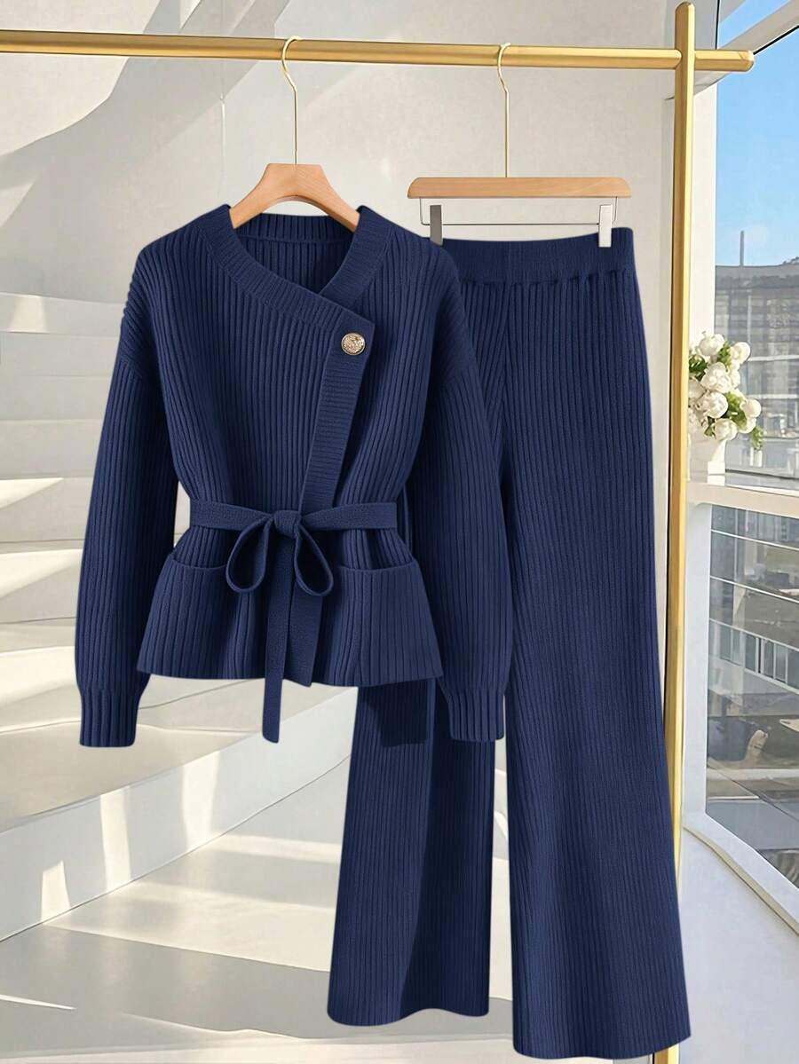 GlowEve Áo chui đầu thanh lịch mới có nút vàng thời trang tối giản đa năng phong cách Âu Mỹ dành cho nữ, áo len và quần len - Màu xanh lam - Xem 1