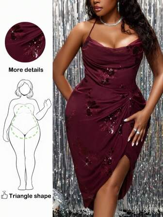 Truni Plus Size Women Floral Sequin Ruffle Draped Neck Side Slit Hem Sexy Elegant Halter Dress, For Winter, For Pear Triangle Body Shape
