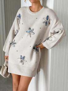 EURMUSE Embroidered Floral Knit Sweater With 3D Blue Flower Appliques And Pearl Embellishments Sweater Dress Floral Applique Dress Jumper Dress Daisy Dress Flower Dress / Vintage Chic Fashionable Elegant Metal Button Open Front Solid Color Opaque Sleeveless Round Crew Neck Business Jacket Work Outfits Waistcoat Slim Modest Minimalana Casaul Top Tank Knit Vest Sweater For Women Crew Neck Plain Dolman Fashion Casual Loose Cozy Solid Outfit Lounge Long Sleeve Pullover Wide Leg Pants Tracksuit Cable Knit Sw,Jumpers,Women's Jumpers - Beige - View 8