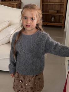 DAZY Young Girl Round Neck Fuzzy 2 In 1 Korean Casual Sweater, Autumn/Winter - Grey - View 4