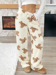 Tween Girl Casual Cartoon Pattern Drawstring Waist Teddy Fleece Long Pants, Autumn/Winter Cute Sweatpants Teddy Bear Print Pants