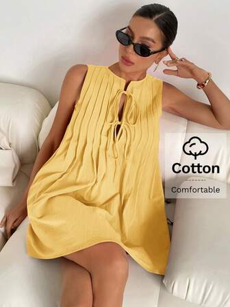 Siren Gaze 女士纯色前系带褶皱无袖休闲迷你连衣裙