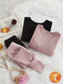 Genkimix Kids 2件套女童保暖内衣长袖上衣和裤子，黑色和粉色