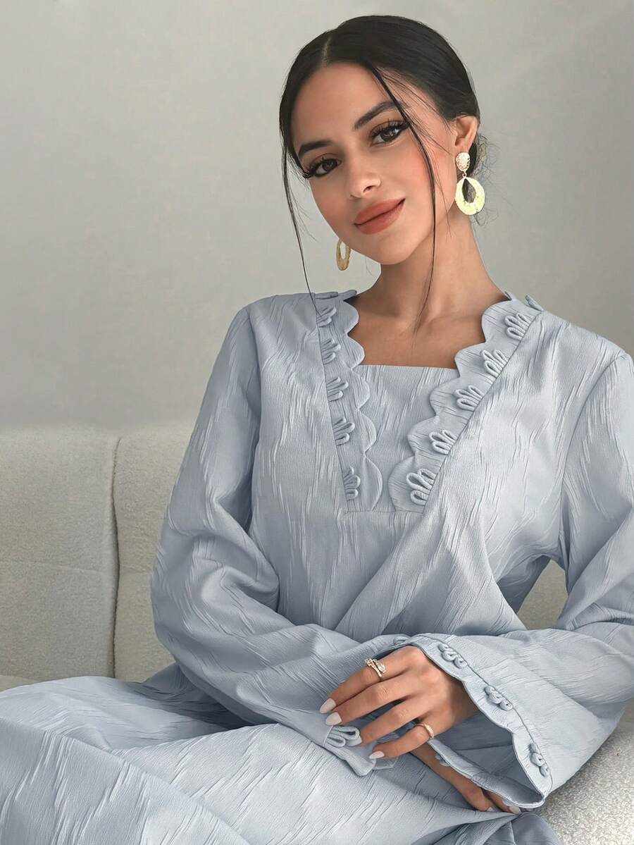 Al Najma Váy Ả Rập dài tay thanh lịch viền vỏ sò màu trơn dành cho nữ - Màu xanh lam - Xem 1