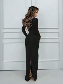 Jemour 女士新款性感S形蕾丝长袖紧身胸衣美人鱼连衣裙，适合派对、约会、晚会 - 黑色 - 查看 2