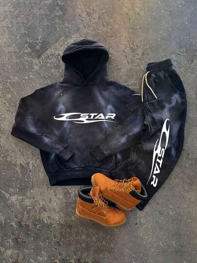 Bolty 2pcs Teen Boy's Casual Sports College Street With Grab Material Tie-Dyed Floral Pattern Hooded Sweatshirt And Flared Trousers Suitable For Kids Outfits Toddler Boy Clothes Back To School Boys Set Suitable For Birthday Parties, Evening Parties, Performances, Weddings, Baptisms, Opening Ceremonies Daily Suitable For Daily Use Suitable For School Suitable For Travel Suitable For Sports Suitable For Autumn And Winter Seasons Y2k Clothes