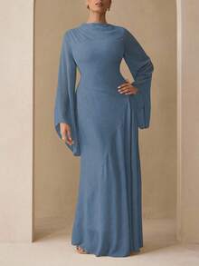 Modelyn 优雅雪纺粉彩色连衣裙，适合女性，教师适用，返校季，大码，秋季款 - 藍色 - 查看 2