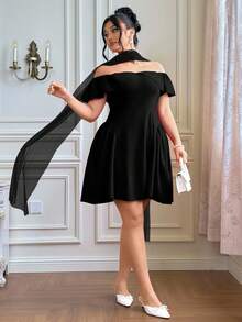 Roveilla 大码女士优雅浪漫露肩迷你连衣裙，配腰带，短款荷叶边圣诞连衣裙，收腰鸡尾酒会连衣裙，性感红色连衣裙，生日连衣裙，浪漫连衣裙 - 黑色 - 查看 6