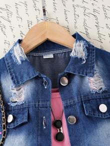 SHEIN 2pcs Young Girl Casual Washed Distressed Denim Jumpsuit Set - Pink - View 3