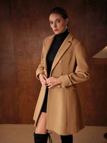 MOTF PREMIUM WOMEN'S ELEGANT WOOL DOUBLE BREASTED OVERCOAT, AUTUMN/WINTER - Khaki - View 6