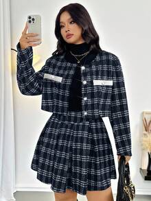 Firerie Plus Size Women's Elegant Commuter Workwear Sophisticated High-End Afternoon Tea Slightly Sexy Date Music Concert Collegiate Vintage Black & White Plaid Print Long Sleeve Jacket & Pleated Mini Skirt, Back To School Outfit Flannel Wednesday Addams In Fall/Winter Skirt And Jacket Set 2 Piece Sets Ladies Plaid Two Piece Set Blazer Skirt Set Tweed Two Piece Set Shirt And Skirt Set - Blue and White - View 2