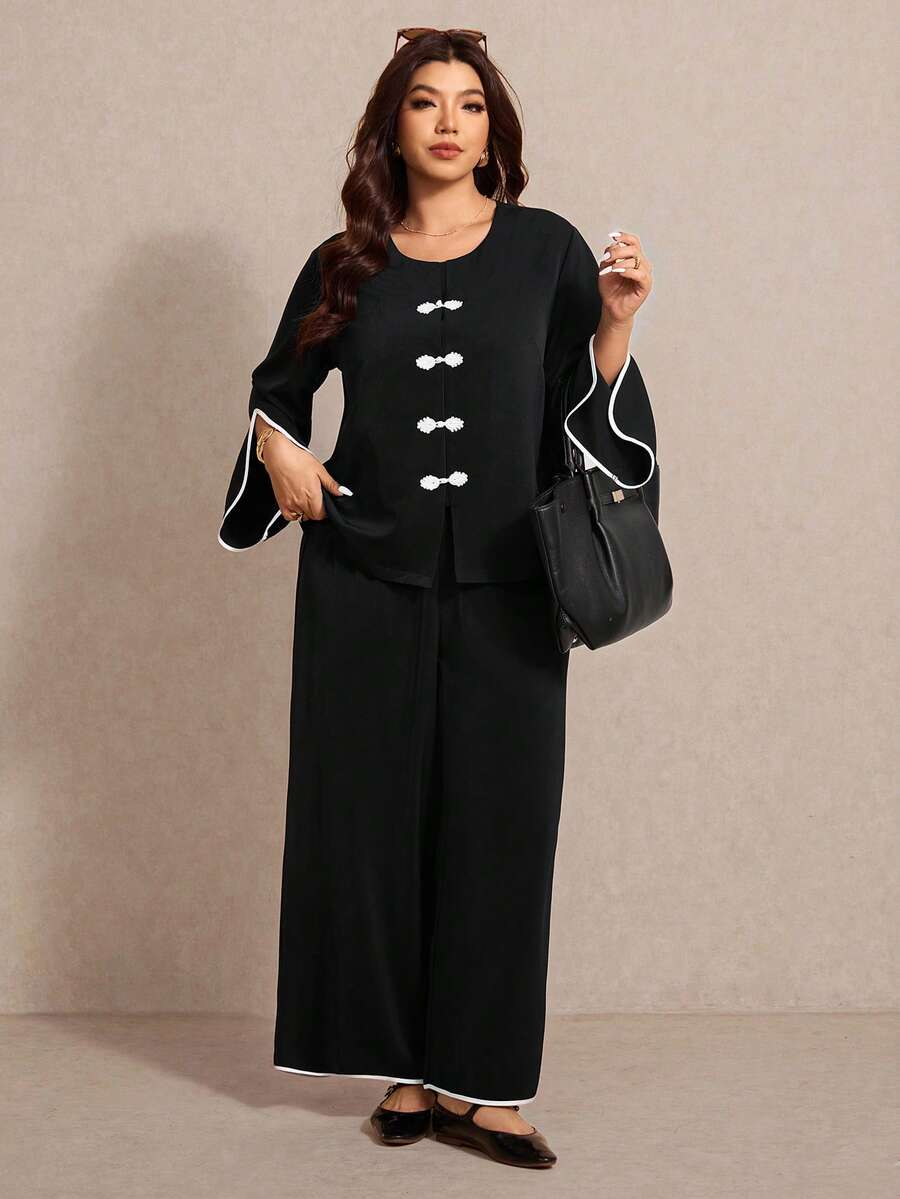 Elaquor Conjunto de 2 piezas de top holgado de manga acampanada y cuello redondo vintage elegante, talla grande talla, y pantalón recto - Blanco y Negro - Ver 1