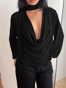 SHEIN EZwear 女士纯色V领围巾系带长袖时尚衬衫 - 黑色 - 查看 3