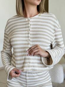 Mélanie ORL Women's Striped Casual Button Front Top And Shorts 2 Pieces Set,Fall Clothes For Women - Apricot - View 2