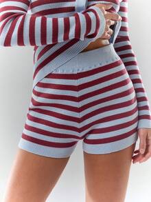 Glamine شورت كاجوال مضلع بخصر عالي مطابق محبوك - عنابي اللون - مشاهدة 5