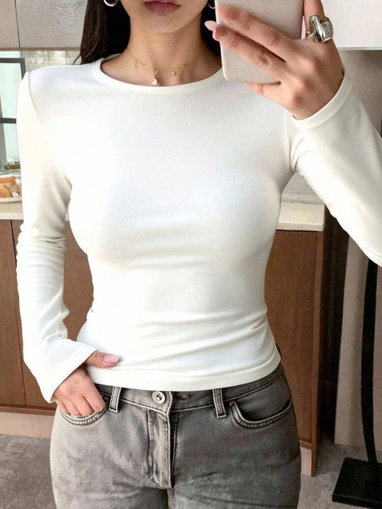 Women's Solid Color Round Neck Long Sleeve Fitted Fleece T-Shirt