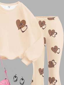 Completo casual da donna composto da felpa girocollo a maniche lunghe e pantaloni a zampa, in stile vintage minimalista con stampa leopardata a cuore, adatto per autunno/inverno, per uscite, stile di strada, casa, stile boho, festival musicali - Multicolore - Visualizzare 6