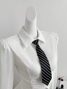 Sweetra 优雅法式学院风初秋时尚新款长袖设计温柔女士条纹领带搭配独特褶裥修身简约性感女士衬衫 - 白色 - 查看 6