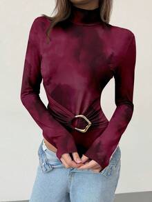 Aloruh 高领修身金属扣装饰扎染印花连体衣，酒红色连体衣，冬季女装，冬季打底连体衣，圣诞节连体衣，新年连体衣 - 乾枯玫瑰色 - 查看 5