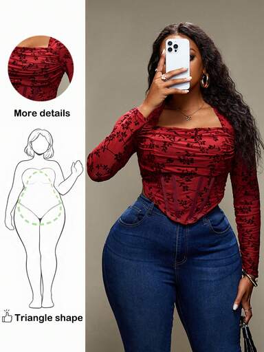 Truni Blusa de manga larga con cuello redondo para mujer de talla grande, con patrón floral estampado ajustada a la cintura, para figura en forma de pera o triángulo