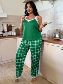 Miss Vinta Plus Size Contrast Color Lace Patchwork Camisole & Plaid Print Pants Pajama Set - Green - View 6