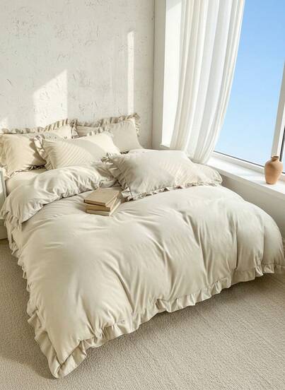 Cirelle 3pcs Cream-Colored Ruffled Soft & Cozy Brushed Duvet Cover Set (1*Duvet Cover + 2*Pillow Shams), Suitable For Bedroom, Guest Room, Machine Washable, All Season