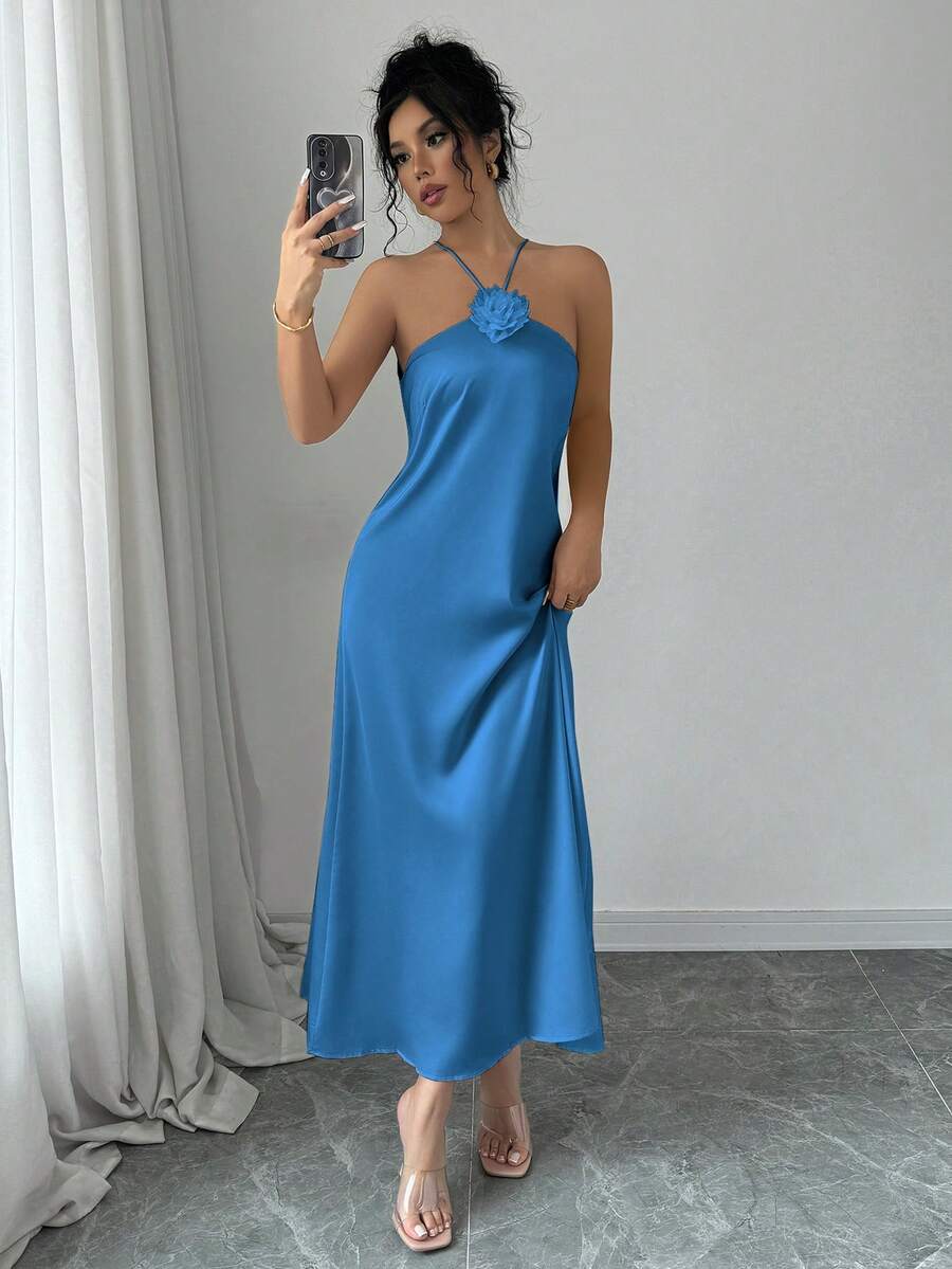 Elenzga Elegantes Maxikleid mit Halskrause, 3D Blumen Dekor und Satintaille für Damen - blauer See - Übersicht 1