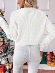 EMERY ROSE Women's Crew Neck Drop Shoulder Long Sleeve Letter Knit Sweater - White - View 2