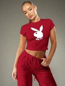 Missguided x Playboy Bộ đồ ngủ in logo thỏ ấm cúng kèm áo crop top tay ngắn và quần ống rộng có dây rút cho đồ ngủ mặc ở nhà - Đỏ - Xem 3