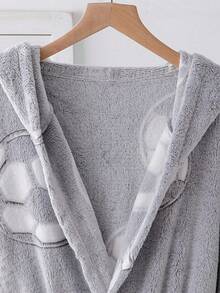 Men's Gray Base New Simple Fashion Casual Football Fleece Print Long Sleeve Long Hooded Belted Robe, Fall Winter, Fluffy, Cozy - Grey - View 4