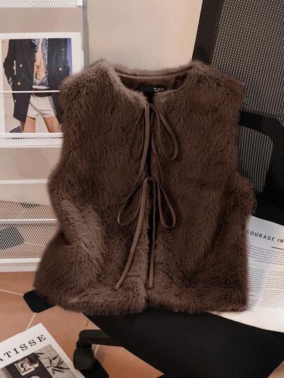 SHEIN Essnce Women's Solid Color Front Tie Faux Fur Vest Jacket, Autumn/Winter