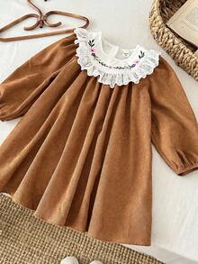 LMoss Kids Young Girls' Woven Contrast Embroidered Ruffled Casual Dress, Corduroy Material, Warm And Comfortable, Fall Dress For Girl, Girls Spring Autumn French Style Dress, Brown Dress For Girls, Autumn And Winter Young Girls Dress,Styles Comfortable Autumn & Winter,Cozy Fall & Winter Styles,Cozy Autumn And Winter Styles - Multicolor - View 5