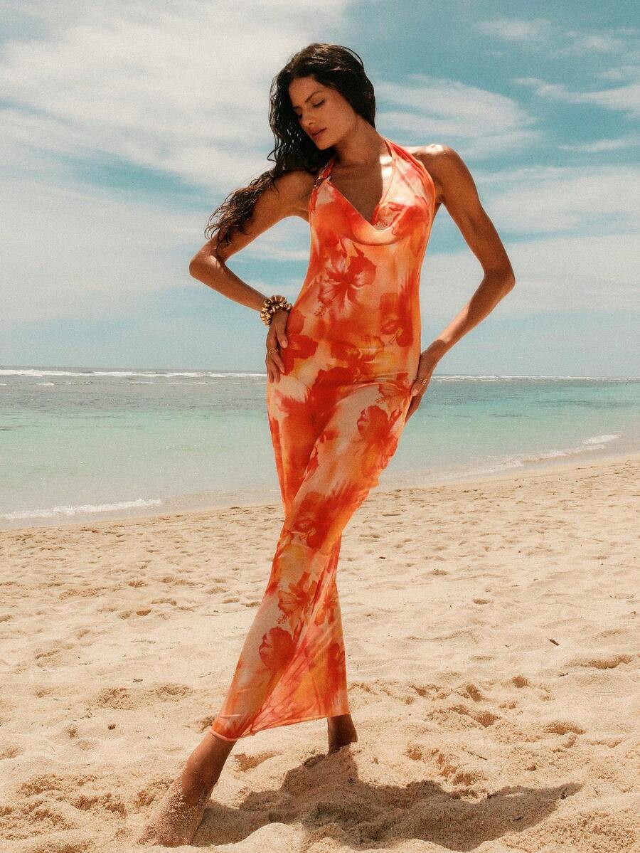 SHEIN Swim Vcay Vestido de playa de verano para mujer con estampado floral, escote halter y espalda descubierta - Multicolor - Ver 1