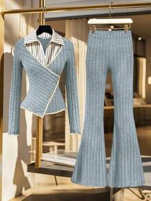 Franclia Conjunto de otoño/invierno de moda casual y versátil para mujer: Camisa de rayas con cuello, empalme elástico negro con rayas cepilladas que estilizan la cintura, uniforme de maestra 2 en 1, Camiseta de manga larga de otoño/invierno para mujer, Pantalones negros cepillados y elásticos de cintura con corte evasé para otoño/invierno, Conjunto de 2 piezas para otoño/invierno para mujer