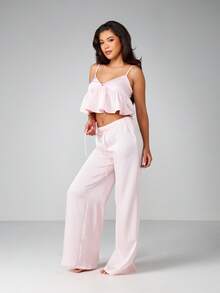 MISSGUIDED Cute Cami Ruffle Two Piece Pajama Set With Wide Leg Palazzo Pants And Off Shoulder Sweetheart Neckline For Sleep Lounge - Baby Pink - View 4