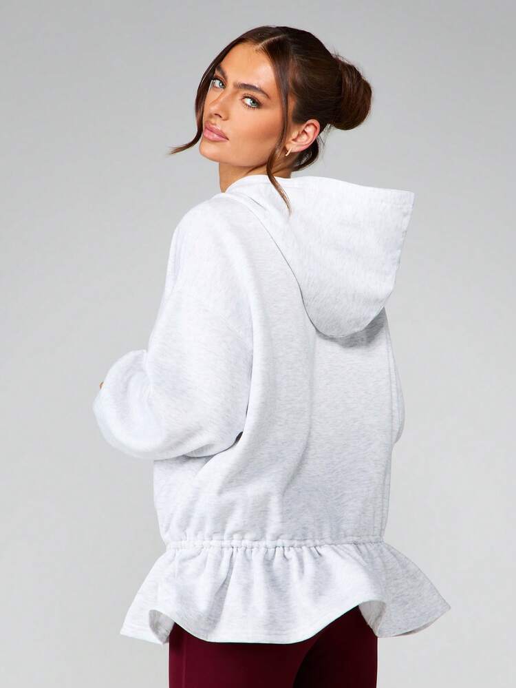 MISSGUIDED Women's Light Grey Heathered Hoodie With Peplum Ruffle Hem Drawstring Long Sleeve Oversized Fall Winter Sweatshirt