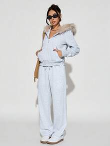 SHEIN PETITE 2 Pieces Women's Autumn Winter Casual Plush Thickened Fur Collar Hoodie And Sweatpants Set Halloween Costumes Women Christmas Costumes Gothic Women's Clothing,Fall - Grey - View 9